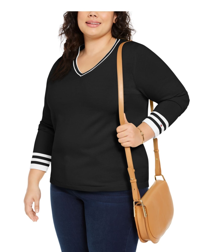 Front of a model wearing a size 0X Tommy Hilfiger Women's Plus Cotton Striped V Neck Sweater Black Size 0X in Black by Tommy Hilfiger. | dia_product_style_image_id:314423